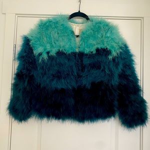 Teal and turquoise feather zip up jacket